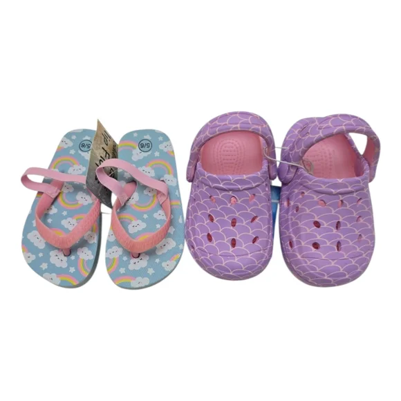 2pk NWT Toddler Girls Purple Clogs Shoes Rainbow Strap Flip Flops Sandals 5 / 6 - Picture 9 of 11